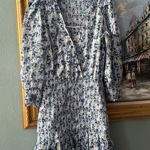 Veronica Beard floral Smocked Waist V-Neck Dress - White with Blue & Green 4